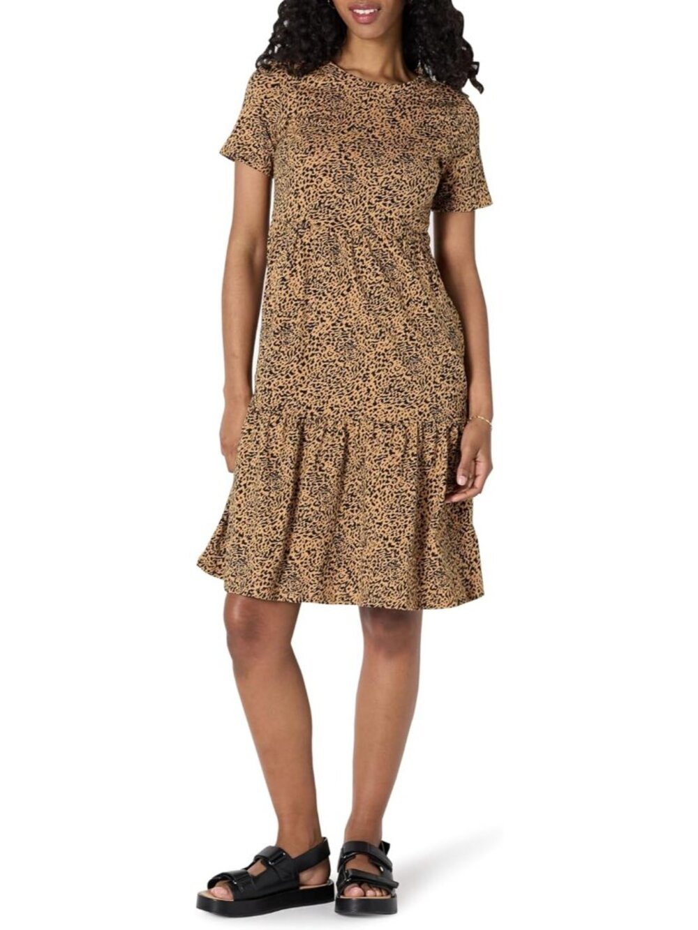 Women's Dark Camel Leopard Short Sleeve Crewneck Casual Tiered Dress Pull On